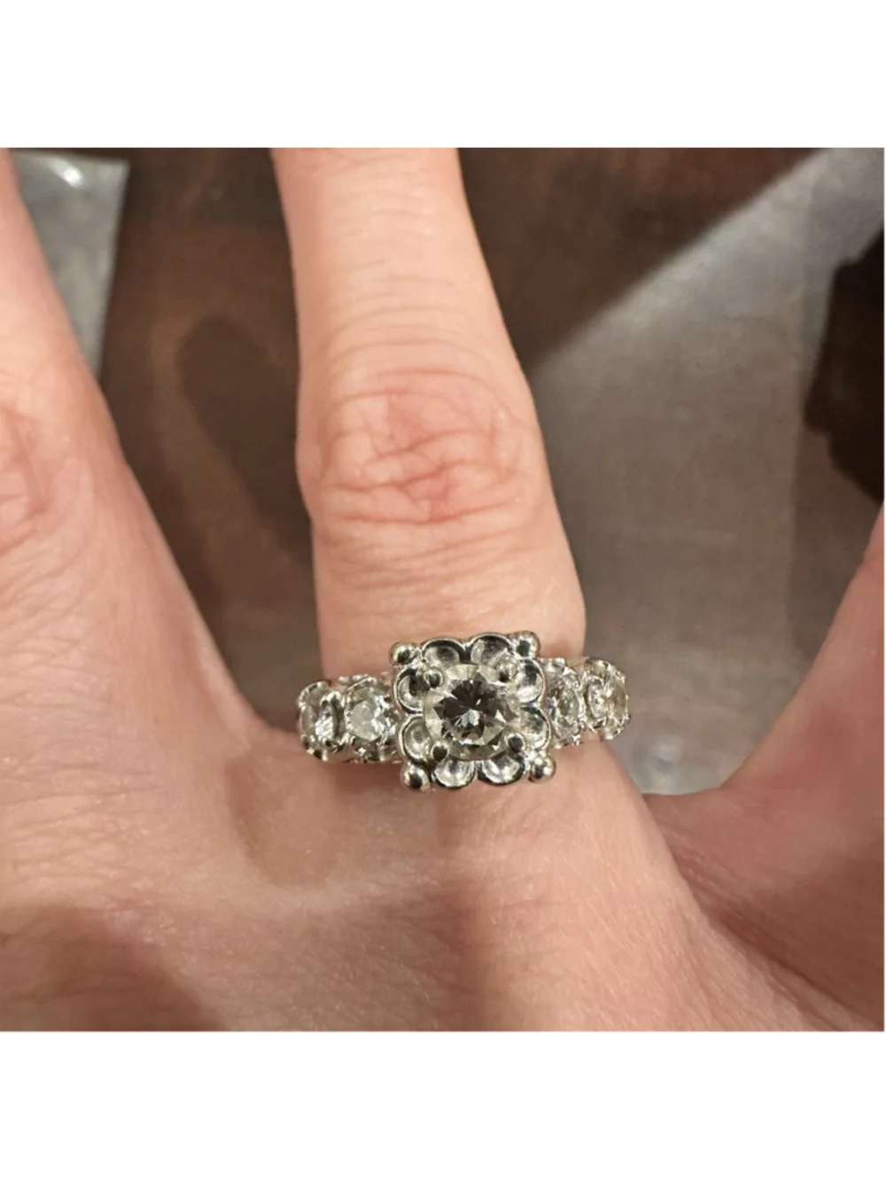 Art Deco 14K White Gold Natural 5 Diamond Cluster Ring Art Deco Flower Size 5-6